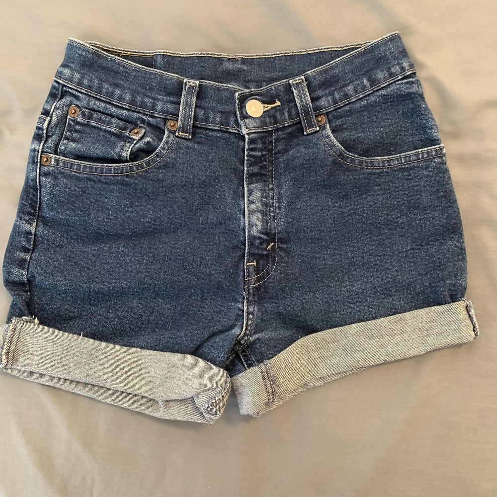 Levis 517 Shorts Womens 14 Blue Denim Cutoff Cuffed Heart Patch Stretch Casual